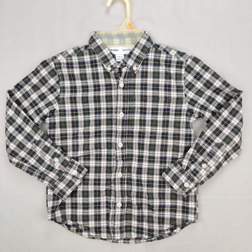 Old Navy Button Down Boys S(6-7)‎ Green Plaid Built-In Flex Long Sleeve Shirt